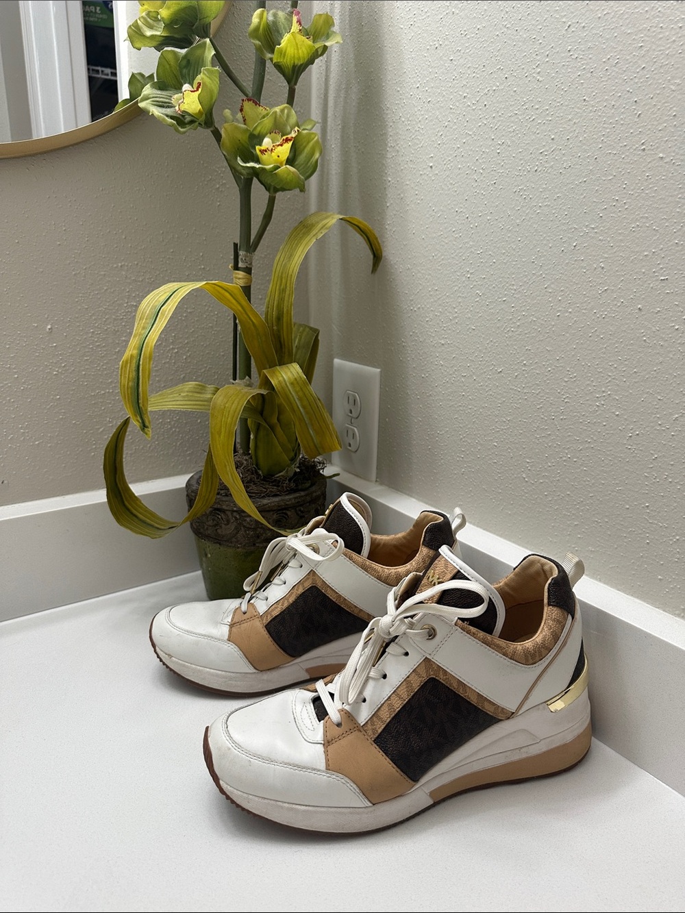 Michael Kors White, Brown & Tan Platform Sneakers